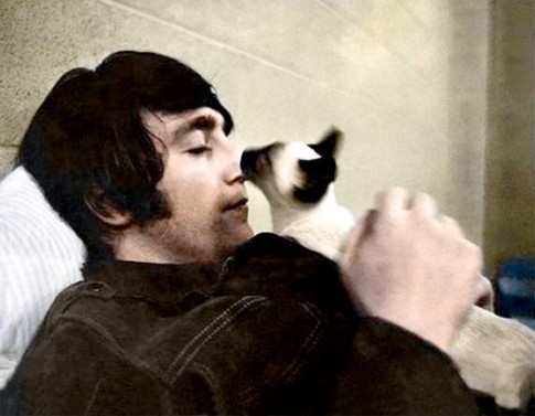 1965 Photo of John Lennon with his cat, reposted by The Yale Record college humor magazine.